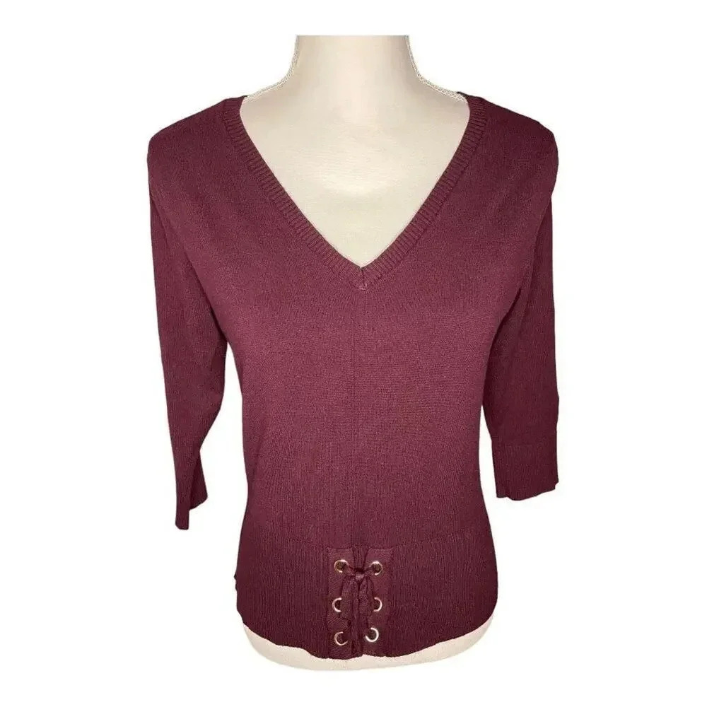 New York & Company Women’s Small Burgundy V-Neck Tie‎ Up Bottom Sweater